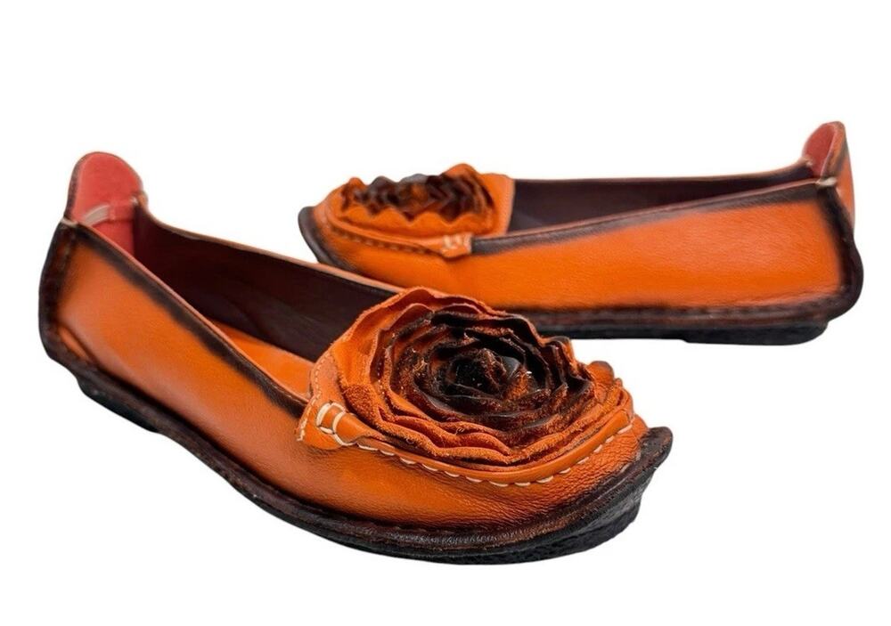 Spring Step L'Artiste Dezi Orange Leather Floral Rose Loafer Flats W's 38/7.5